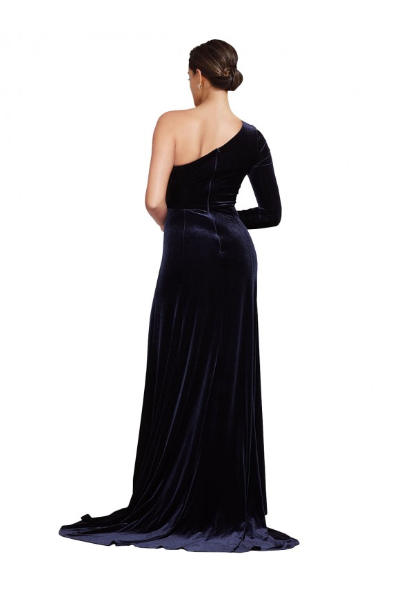 One Sleeve Long Velvet Bridesmaid Dress with Thigh High Split UK