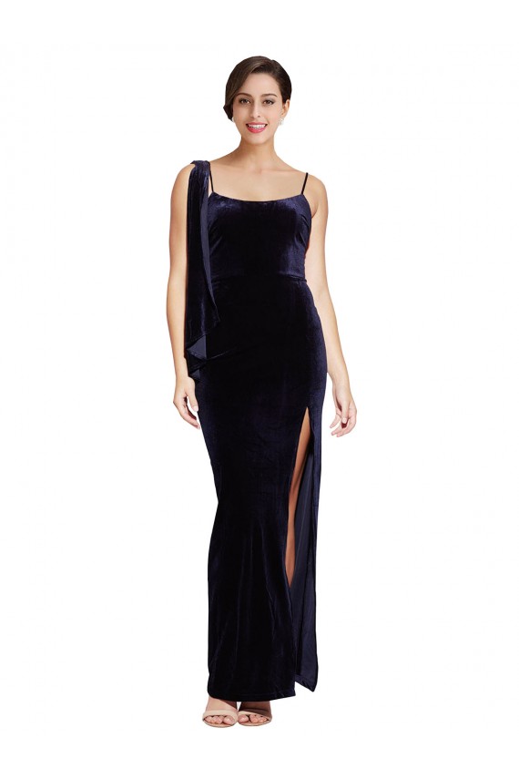 Long Velvet Bridesmaid Dress with Side Thigh Split and Shoulder Tie UK