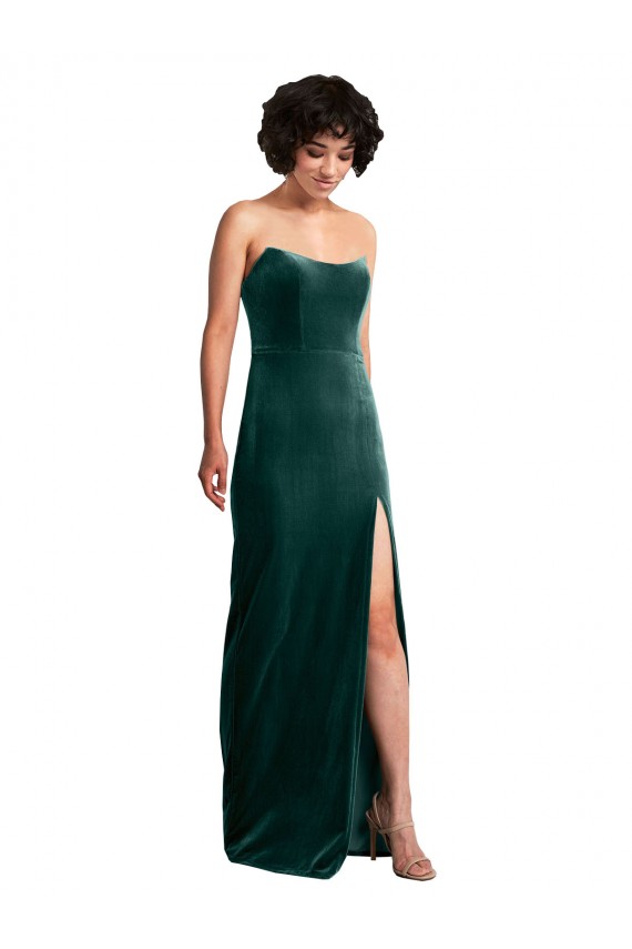 Scooped Strapless Long Velvet Bridesmaid Dress with Daring Side Slit UK