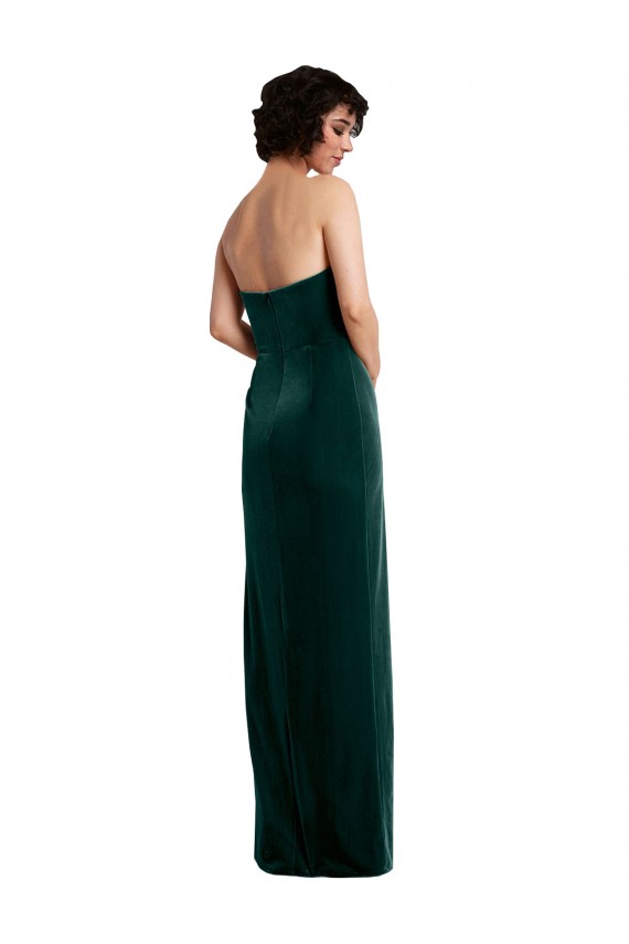 Scooped Strapless Long Velvet Bridesmaid Dress with Daring Side Slit UK